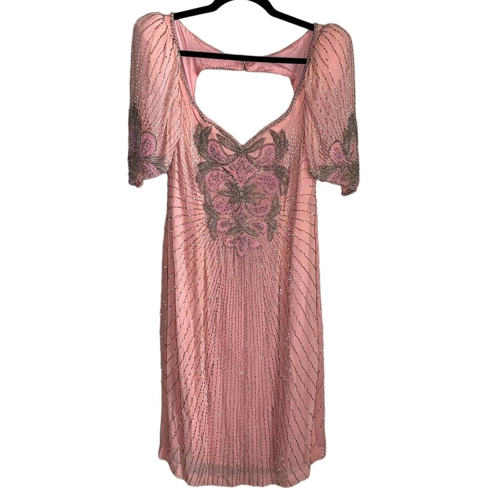 Vintage Beaded Lillie Rubin Silk Pink Evening Dress Open Back Women’s Size 10